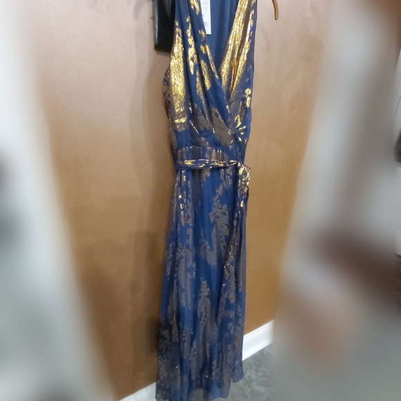 LESLIE FAY Women's Blue With Gold Metallic Maxi Dress Size 10 - Picture 4 of 9